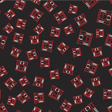 Line Campfire and pot icon isolated seamless pattern on black background. Fire camping cooking in cauldron on firewood and flame. Vector.