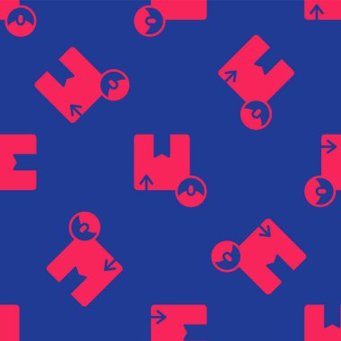 Kırmızı karton kutu simgesi mavi arkaplanda izole edilmiş kusursuz desen. Kutu, paket, paket işareti. Teslimat ve ambalaj. Vektör.