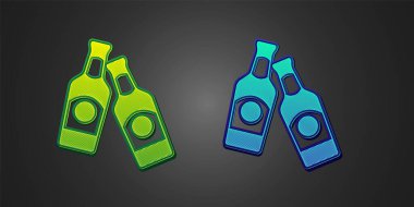 Green and blue Beer bottle icon isolated on black background. Vector.