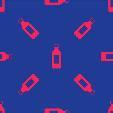 Kırmızı şişe su ikonu mavi arka planda izole edilmiş. Soda su içme tabelası. Vektör.