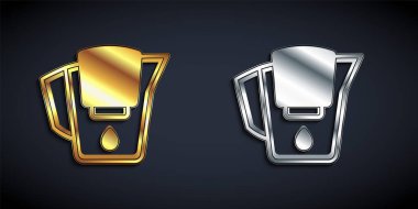 Gold and silver Water jug with a filter icon isolated on black background. Long shadow style. Vector.