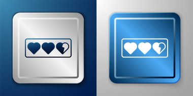 White Game life bar icon isolated on blue and grey background. Health heart bar. Silver and blue square button. Vector.