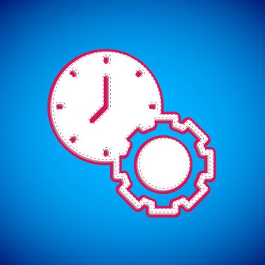 White Time management icon isolated on blue background. Clock and gear sign. Productivity symbol. Vector.