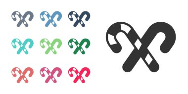 Beyaz arka planda izole edilmiş çizgili siyah Noel şekerleme çubuğu. Mutlu Noeller ve mutlu yıllar. Simgeleri renklendirin. Vektör.