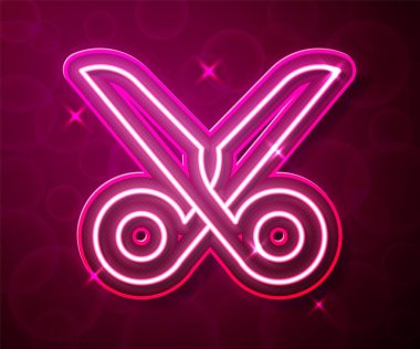 Glowing neon line Scissors icon isolated on red background. Cutting tool sign. Vector.