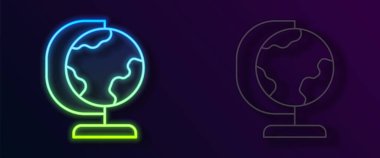 Parlayan neon çizgisi Dünya ikonu siyah arka planda izole edildi. Vektör.
