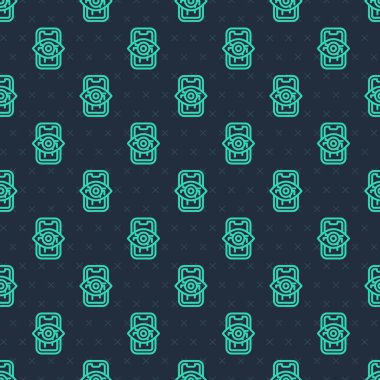 Yeşil çizgi Bilgisayar görme simgesi mavi arkaplanda kusursuz desen izole etti. Teknik görüş, göz devresi, video izleme sistemi, artırılmış gerçeklik sistemleri. Vektör.