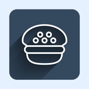 White line Taxi driver cap icon isolated with long shadow background. Blue square button. Vector.