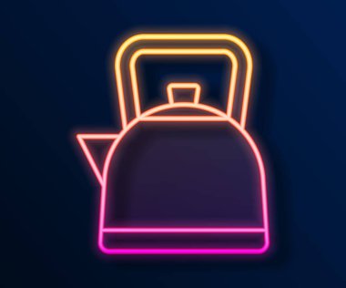 Siyah arka planda izole edilmiş kabza simgesi olan parlak neon çizgisi Kettle. Çaydanlık ikonu. Vektör.