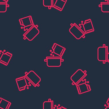 Red line Cooking pot and spice icon isolated seamless pattern on black background. Boil or stew food symbol. Vector.