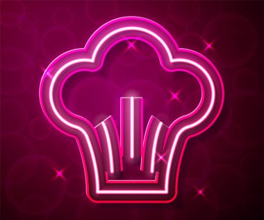Parlayan neon hattı Şef şapkası simgesi kırmızı arkaplanda izole edildi. Aşçılık sembolü. Aşçı şapkası. Vektör.