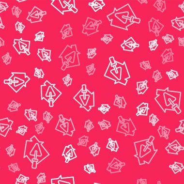 White line House or home with trowel icon isolated seamless pattern on red background. Adjusting, service, setting, maintenance, repair, fixing. Vector.