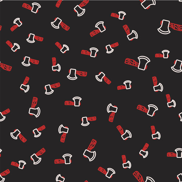 Line Wooden axe icon isolated seamless pattern on black background. Lumberjack axe. Vector.