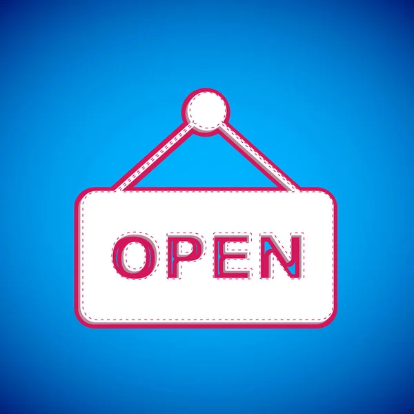 White Hanging Sign Text Open Door Icon Isolated Blue Background — 스톡 벡터