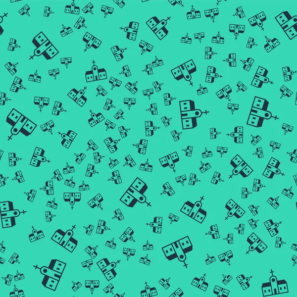 Black Church building icon isolated seamless pattern on green background. Christian Church. Religion of church. Vector.
