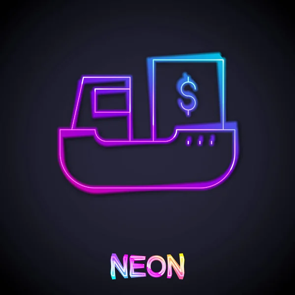 Zářící Neonová Čára Nákladní Loď Ikonou Doručovací Služby Izolované Černém — Stockový vektor