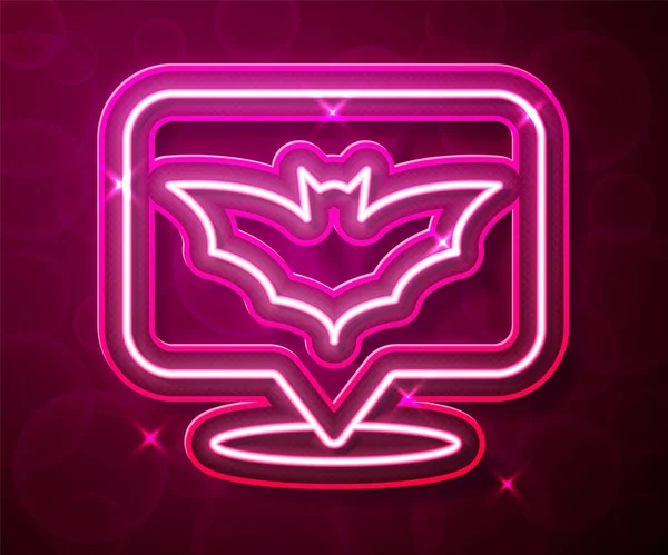 Parlayan neon hattı uçan yarasa simgesi kırmızı arkaplanda izole edildi. Mutlu Cadılar Bayramı Partisi. Vektör.