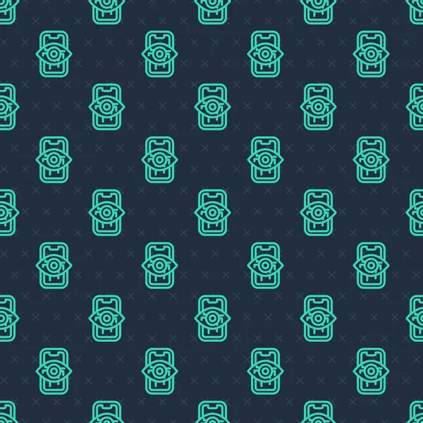 Yeşil çizgi Bilgisayar görme simgesi mavi arkaplanda kusursuz desen izole etti. Teknik görüş, göz devresi, video izleme sistemi, artırılmış gerçeklik sistemleri. Vektör.