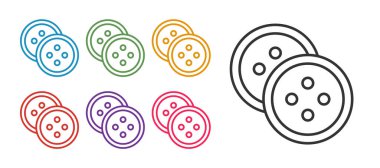 Beyaz arkaplanda izole edilmiş kıyafet simgesi için çizgi dikiş düğmesini ayarla. Giysi düğmesi. Simgeleri renklendirin. Vektör.