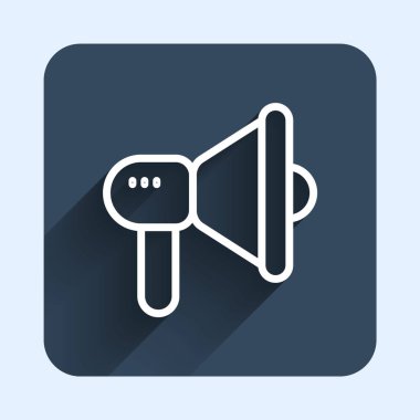 White line Megaphone icon isolated with long shadow background. Speaker sign. Blue square button. Vector.