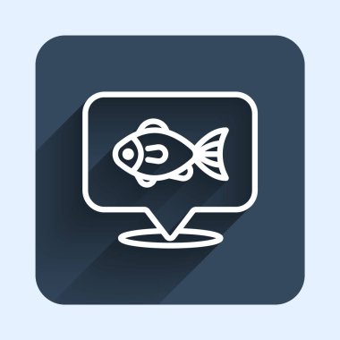 Beyaz çizgi konum balıkçılık ikonu uzun gölgeli arka plan izole. Balıkçılık yeri. Mavi kare düğme. Vektör.