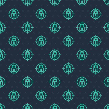 Yeşil Hat Kilit simgesi mavi arkaplanda izole edilmiş kusursuz desen. Asma kilit işareti. Güvenlik, güvenlik, koruma, gizlilik kavramı. Vektör.