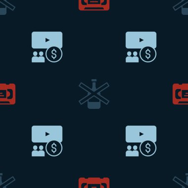 Set VHS video cassette tape No alcohol and Cinema auditorium with screen on seamless pattern. Vector.