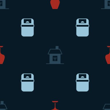 Set Wine glass House and Trash can on seamless pattern. Vector.