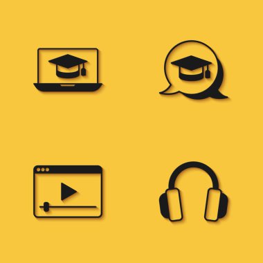Set Graduation cap on laptop Headphones Online play video and speech bubble icon with long shadow. Vector.