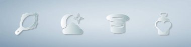 Set Magic hand mirror Moon stars hat and Bottle with love potion. Paper art style. Vector.