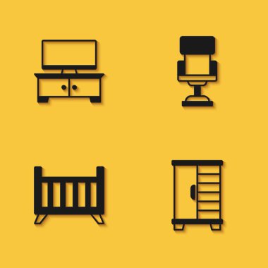 Set TV table stand Wardrobe Baby crib cradle bed and Office chair icon with long shadow. Vector.