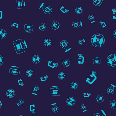 Set Blacksmith anvil tool Round shield Horseshoe and Clamp and screw on seamless pattern. Vector.