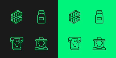 Set line Beekeeper with protect hat Bread honey Honeycomb and Jar of icon. Vector.