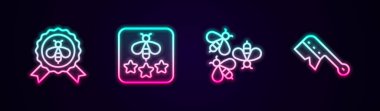 Set line Best bee Type of Bees and Beekeeping brush. Glowing neon icon. Vector.
