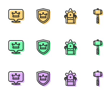Set line Medieval throne King crown Shield with and Battle hammer icon. Vector.