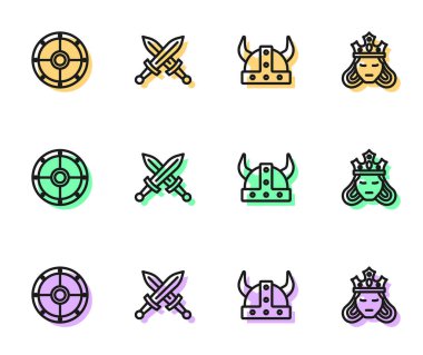 Set line Viking in horned helmet Round shield Crossed medieval sword and Princess queen icon. Vector.