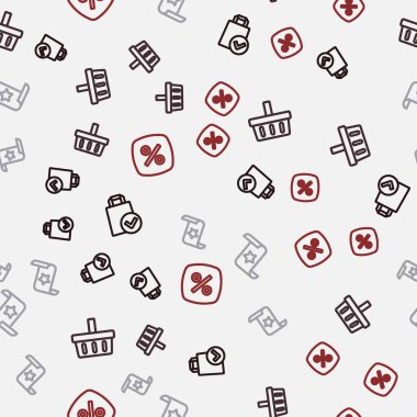 Set line Paper shopping bag Shopping basket check and financial check and Discount percent tag on seamless pattern. Vector.