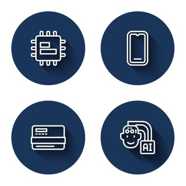 Set line Processor CPU Mobile phone Credit card and Humanoid robot with long shadow. Blue circle button. Vector.