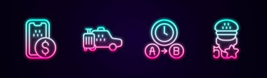 Set line Mobile banking Taxi car waiting time and service rating. Glowing neon icon. Vector.