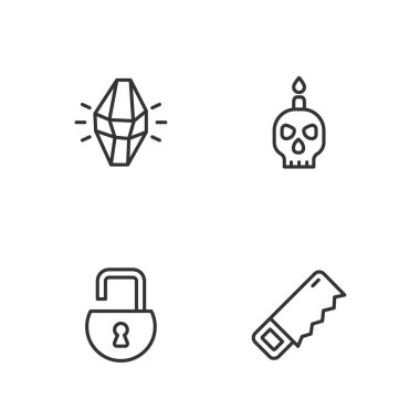 Set line Hand saw Open padlock Magic stone and Burning candle skull icon. Vector.