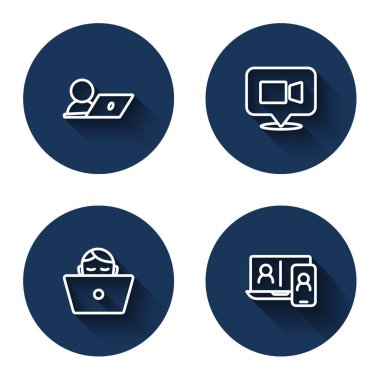Set line Video chat conference Freelancer and with long shadow. Blue circle button. Vector.
