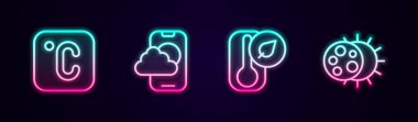 Set line Celsius Weather forecast app Thermometer and Eclipse of sun. Glowing neon icon. Vector.