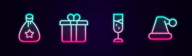 Set line Santa Claus bag gift Gift box Glass of champagne and Christmas hat. Glowing neon icon. Vector.
