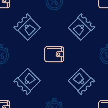 Set line Stopwatch percent discount Shopping day and Wallet on seamless pattern. Vector.