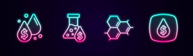 Set line Oil drop with dollar symbol petrol test tube Molecule oil and . Glowing neon icon. Vector.