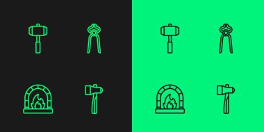 Set line Hammer Blacksmith oven Sledgehammer and pliers tool icon. Vector.