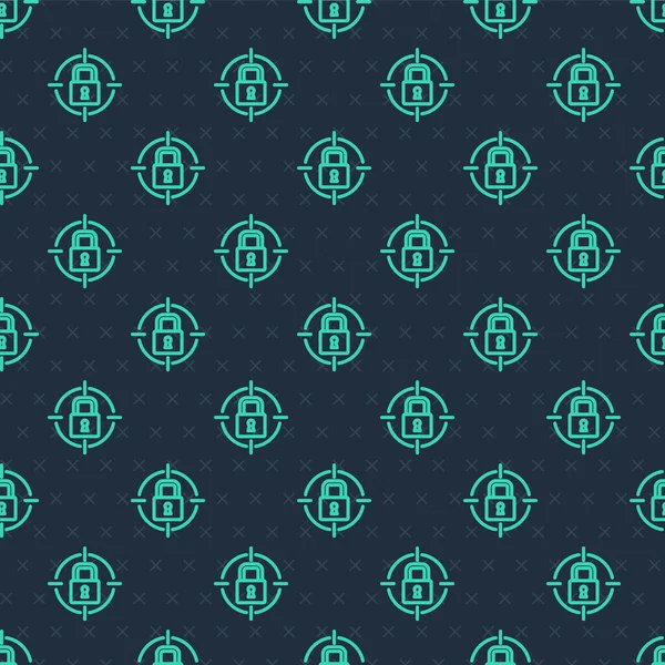 Yeşil Hat Kilit simgesi mavi arkaplanda izole edilmiş kusursuz desen. Asma kilit işareti. Güvenlik, güvenlik, koruma, gizlilik kavramı. Vektör.