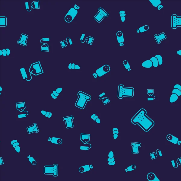 Set Tea bag Chicken egg Salami sausage and Bread toast on seamless pattern. Vector.