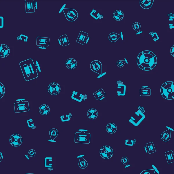 Set Blacksmith anvil tool Round shield Horseshoe and Clamp and screw on seamless pattern. Vector.