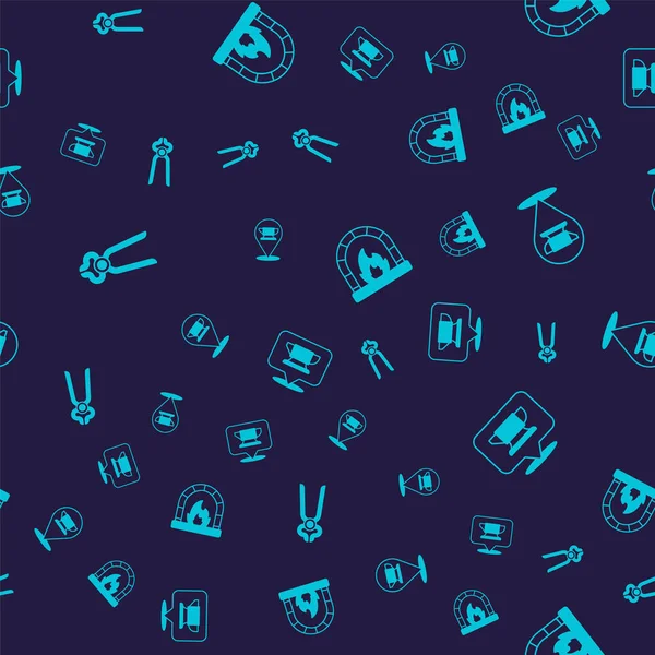 Set Blacksmith pliers tool anvil oven and on seamless pattern. Vector.